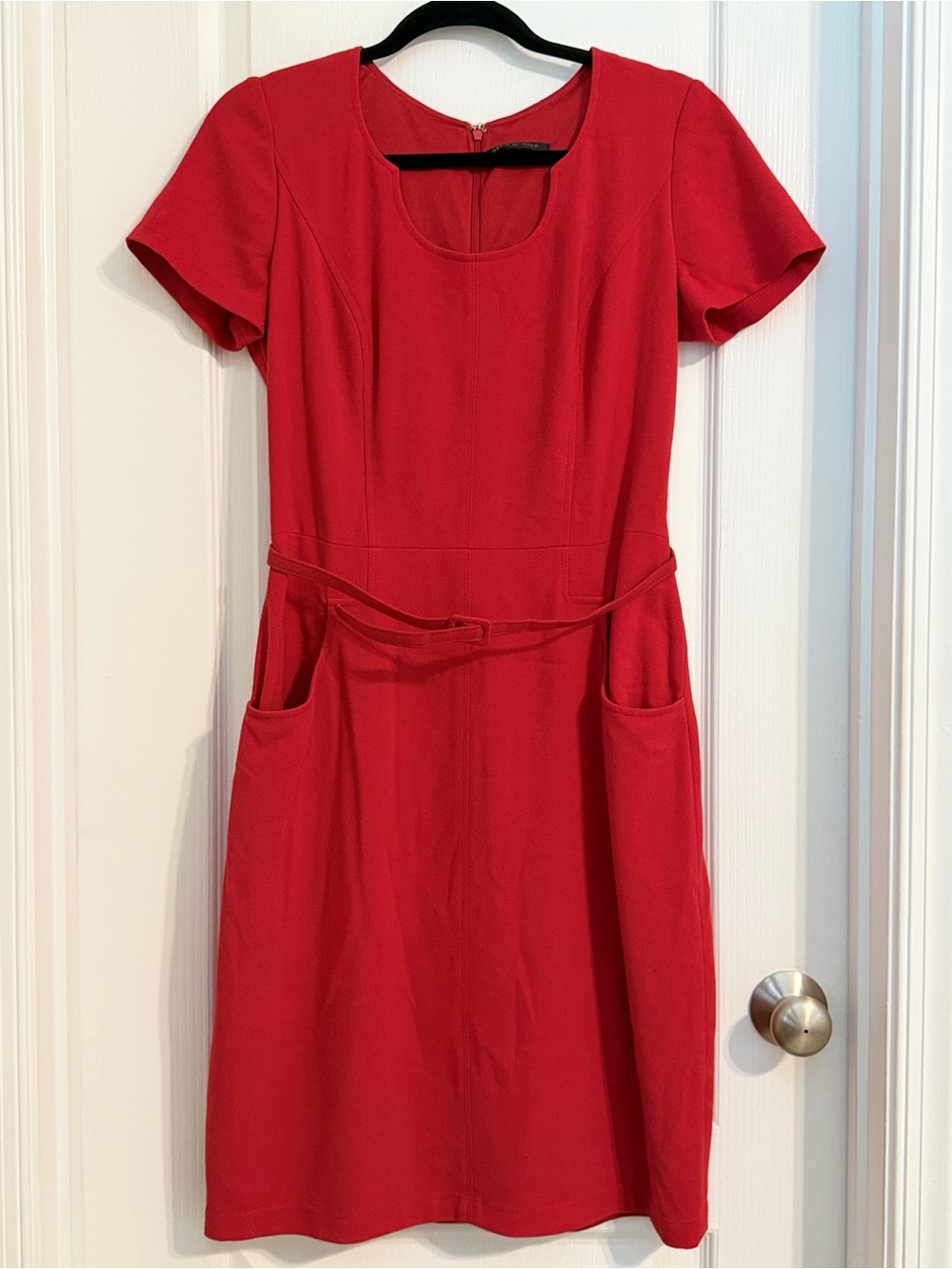 David Meister Red Fit And Flare Midi Workwear Dress with Belt and Pockets Sz 10